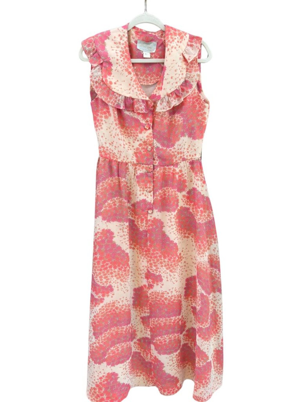 Vintage 1970s Bel Rose Pink Floral Ruffle Collar Maxi Dress Size 7